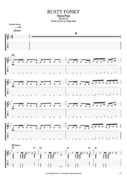 Rusty Fonky Shaka Ponk guitar pro tab EGuitarIII Full Score mysongbook