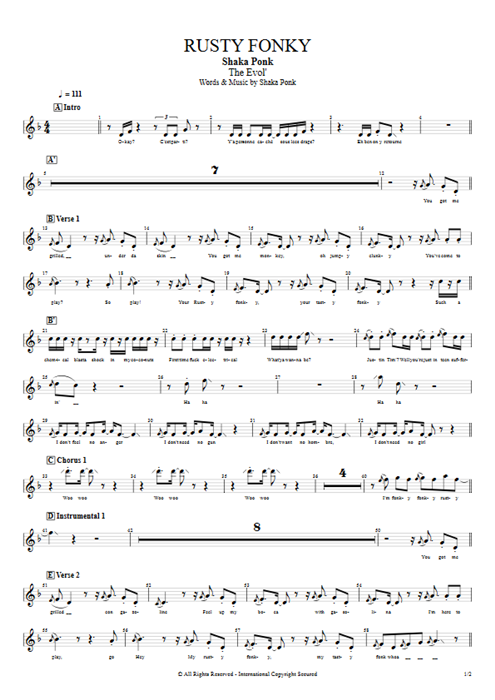 Rusty Fonky Shaka Ponk guitar pro tab VocalsI Full Score mysongbook