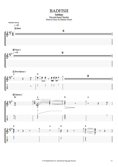 Badfish Sublime guitar pro tab EGuitarII Full Score mysongbook