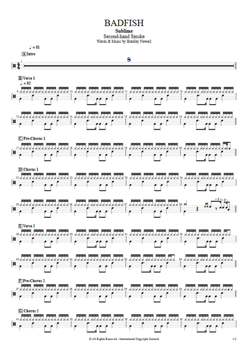 Badfish Sublime guitar pro tab Drums Full Score mysongbook