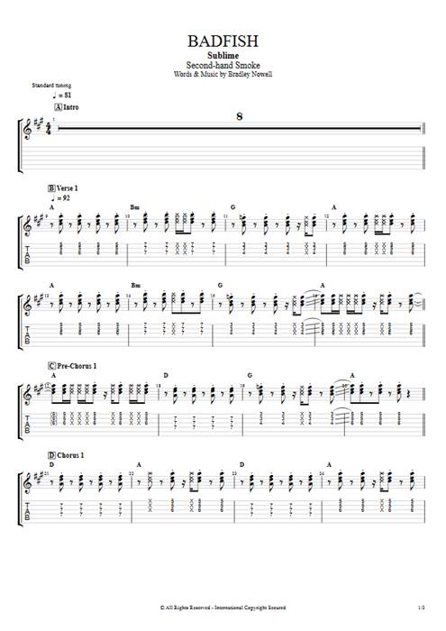 Badfish Sublime guitar pro tab EGuitarI Guitars, Bass & Backing Track mysongbook