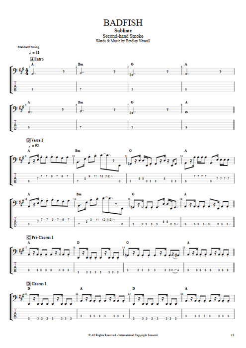 Badfish Sublime guitar pro tab EBass Guitars, Bass & Backing Track mysongbook