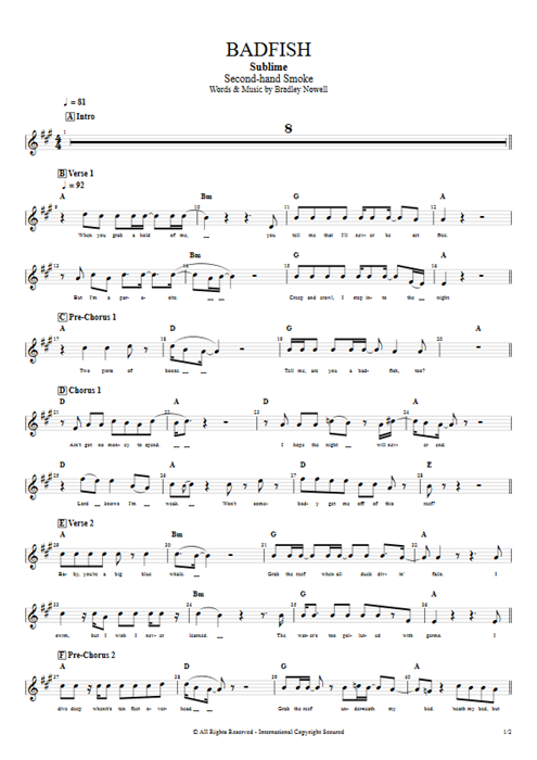 Badfish Sublime guitar pro tab Vocals Guitars, Bass & Backing Track mysongbook
