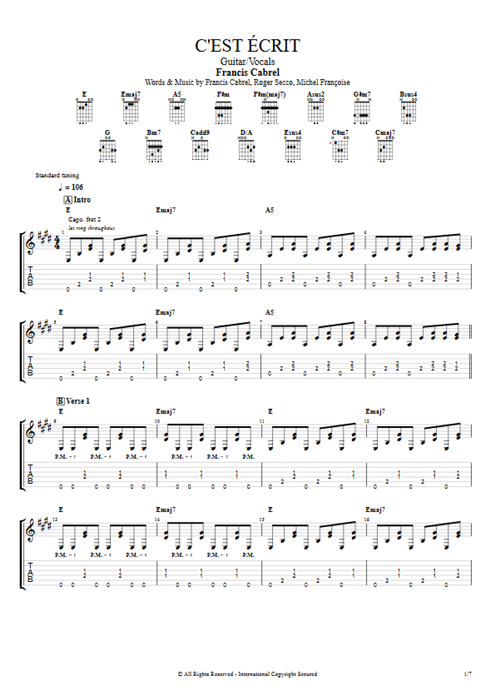 C'est écrit Francis Cabrel guitar pro tab AGuitar Guitar & Vocals mysongbook
