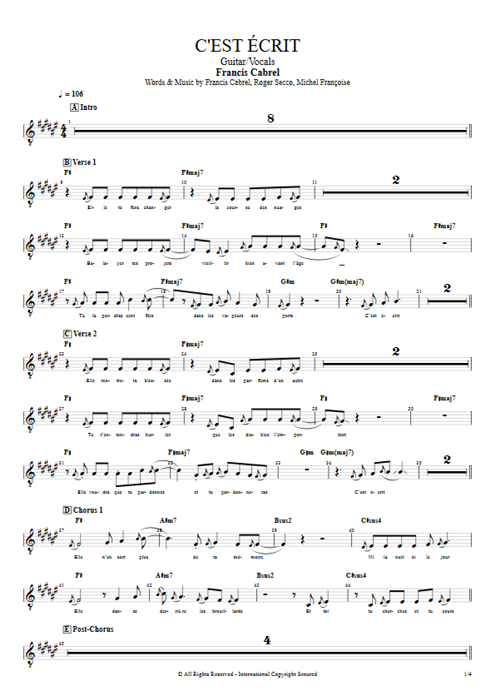 C'est écrit Francis Cabrel guitar pro tab Vocals Guitar & Vocals mysongbook
