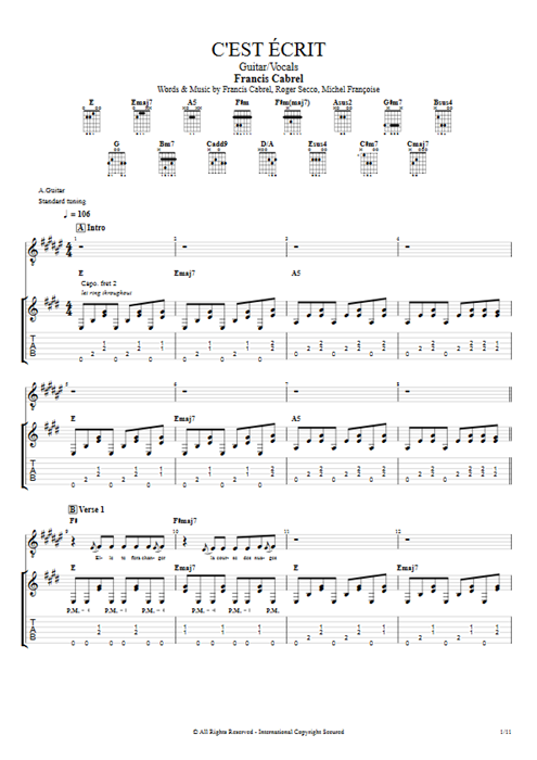 C'est écrit Francis Cabrel guitar pro tab Full Score Guitar & Vocals mysongbook