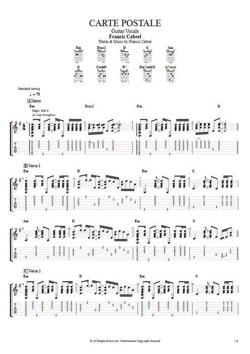 Carte postale Francis Cabrel guitar pro tab AGuitar Guitar & Vocals mysongbook