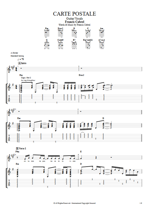 Carte postale Francis Cabrel guitar pro tab Full Score Guitar & Vocals mysongbook