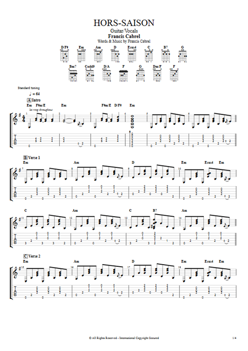 Hors-saison Francis Cabrel guitar pro tab AGuitar Guitar & Vocals mysongbook
