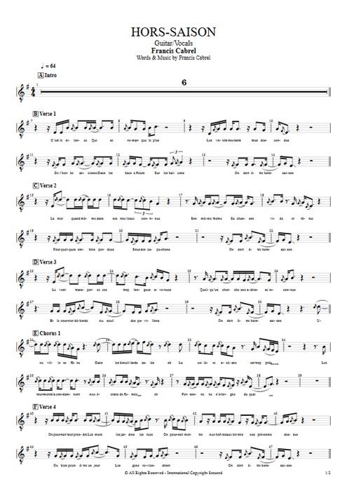 Hors-saison Francis Cabrel guitar pro tab Vocals Guitar & Vocals mysongbook