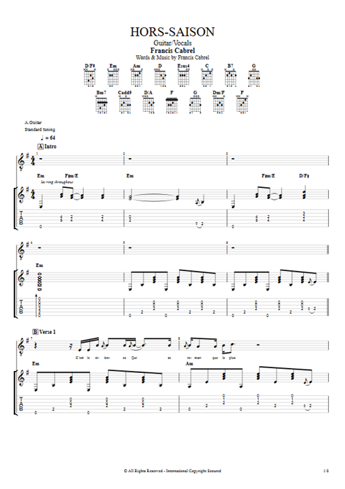 Hors-saison Francis Cabrel guitar pro tab Full Score Guitar & Vocals mysongbook