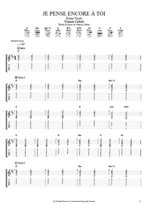 Je pense encore à toi Francis Cabrel guitar pro tab AGuitar Guitar & Vocals mysongbook