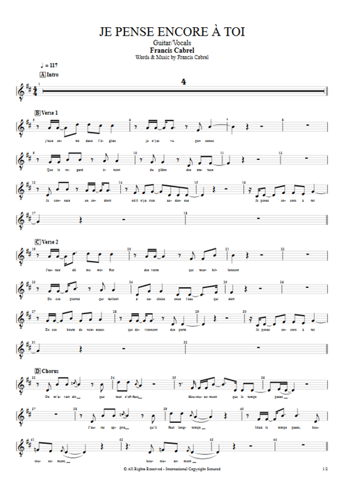 Je pense encore à toi Francis Cabrel guitar pro tab Vocals Guitar & Vocals mysongbook