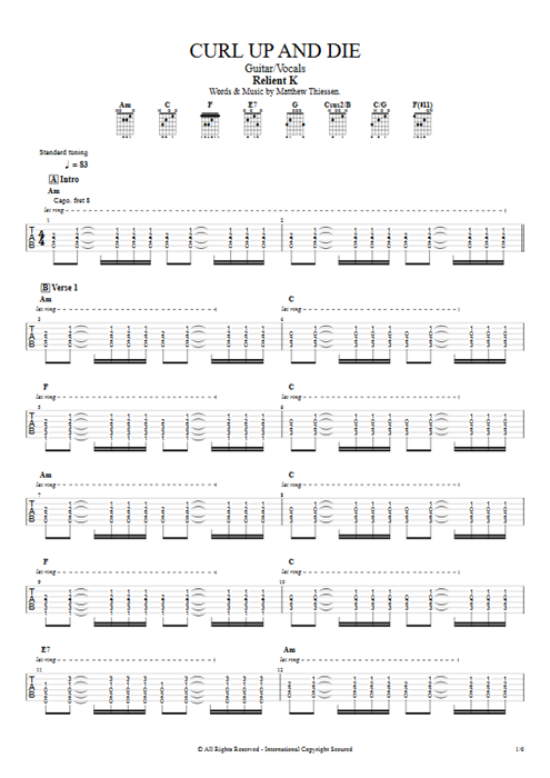 Curl Up and Die Relient K guitar pro tab AGuitar Guitar & Vocals mysongbook