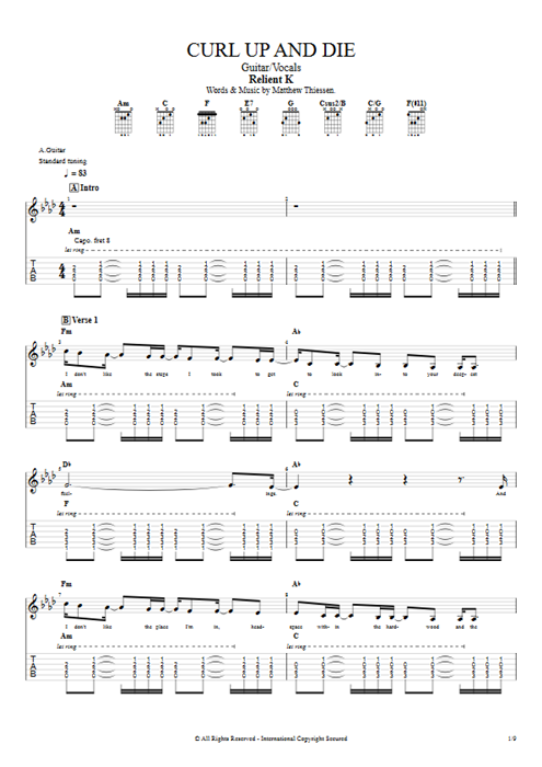 Curl Up and Die Relient K guitar pro tab Full Score Guitar & Vocals mysongbook