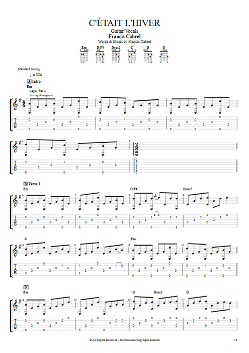 C'était l'hiver Francis Cabrel guitar pro tab AGuitar Guitar & Vocals mysongbook