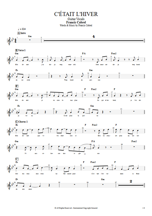 C'était l'hiver Francis Cabrel guitar pro tab Vocals Guitar & Vocals mysongbook
