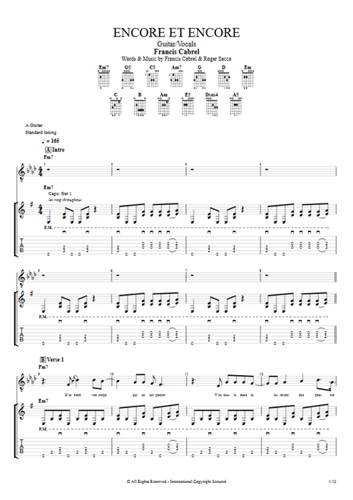 Encore et encore Francis Cabrel guitar pro tab Full Score Guitar & Vocals mysongbook