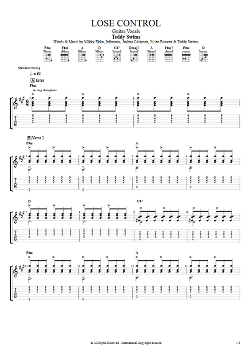 Lose Control Teddy Swims guitar pro tab AGuitar Guitar & Vocals mysongbook