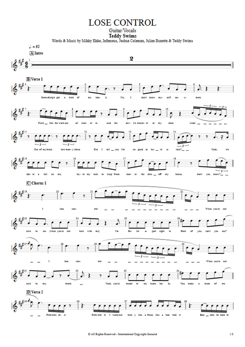 Lose Control Teddy Swims guitar pro tab Vocals Guitar & Vocals mysongbook