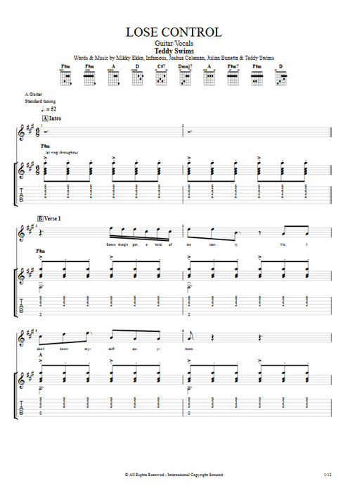 Lose Control Teddy Swims guitar pro tab Full Score Guitar & Vocals mysongbook