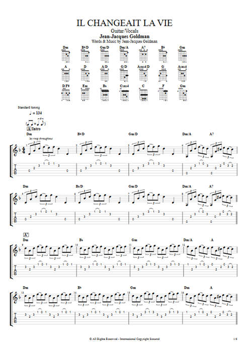 Il changeait la vie Jean-Jacques Goldman guitar pro tab AGuitar Guitar & Vocals mysongbook