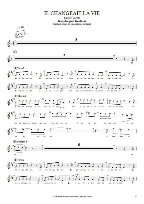 Il changeait la vie Jean-Jacques Goldman guitar pro tab Vocals Guitar & Vocals mysongbook