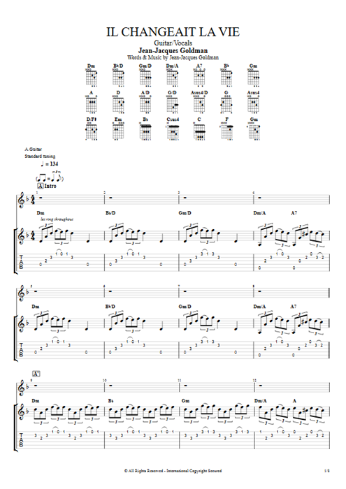 Il changeait la vie Jean-Jacques Goldman guitar pro tab Full Score Guitar & Vocals mysongbook
