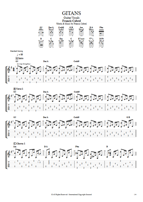Gitans Francis Cabrel guitar pro tab AGuitar Guitar & Vocals mysongbook