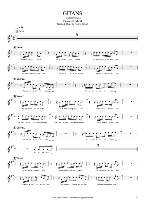 Gitans Francis Cabrel guitar pro tab Vocals Guitar & Vocals mysongbook