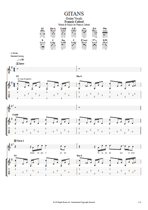 Gitans Francis Cabrel guitar pro tab Full Score Guitar & Vocals mysongbook