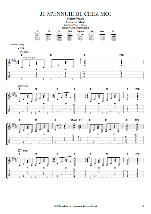 Je m'ennuie de chez moi Francis Cabrel guitar pro tab AGuitar Guitar & Vocals mysongbook