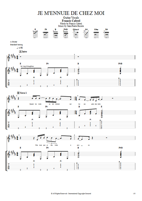 Je m'ennuie de chez moi Francis Cabrel guitar pro tab Full Score Guitar & Vocals mysongbook