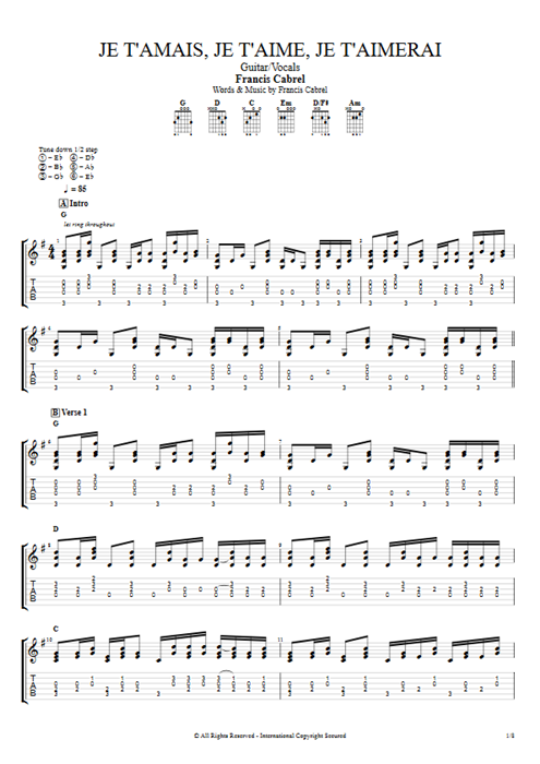 Je t'amais, je t'aime, je t'aimerai Francis Cabrel guitar pro tab AGuitar Guitar & Vocals mysongbook