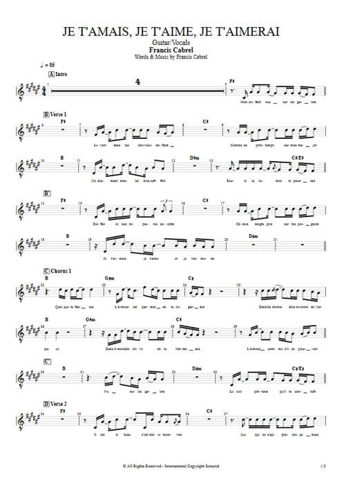 Je t'amais, je t'aime, je t'aimerai Francis Cabrel guitar pro tab Vocals Guitar & Vocals mysongbook