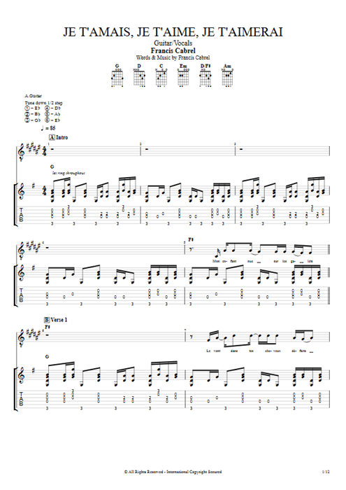 Je t'amais, je t'aime, je t'aimerai Francis Cabrel guitar pro tab Full Score Guitar & Vocals mysongbook