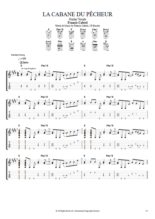 La cabane du pêcheur Francis Cabrel guitar pro tab AGuitar Guitar & Vocals mysongbook
