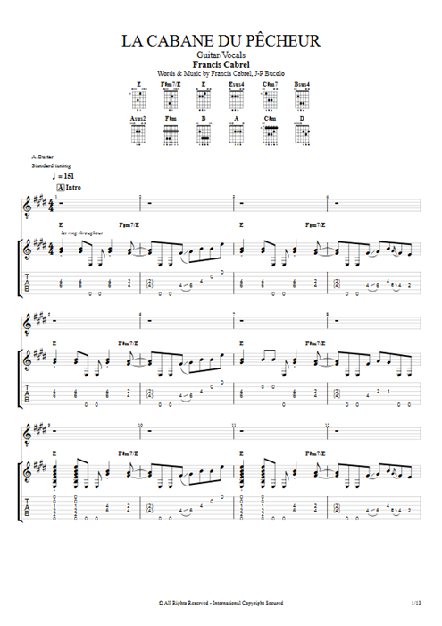 La cabane du pêcheur Francis Cabrel guitar pro tab Full Score Guitar & Vocals mysongbook