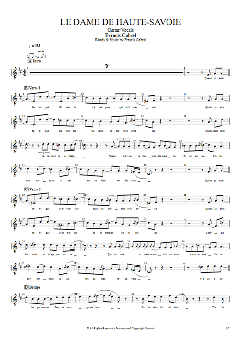 Le dame de Haute-Savoie Francis Cabrel guitar pro tab Vocals Guitar & Vocals mysongbook