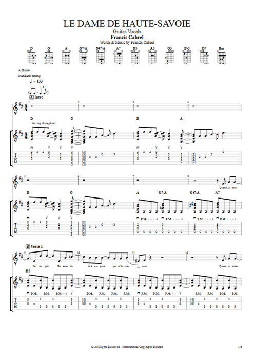 Le dame de Haute-Savoie Francis Cabrel guitar pro tab Full Score Guitar & Vocals mysongbook