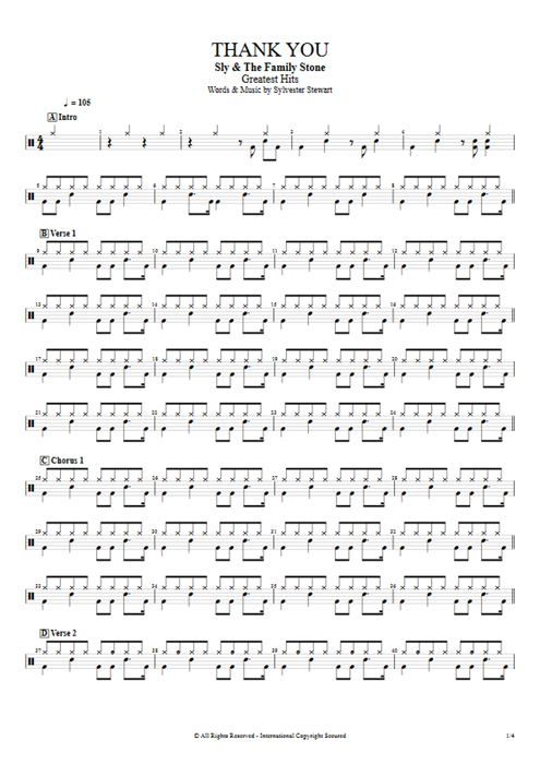 Thank You (Falettinme Be Mice Elf Agin) Sly and the Family Stone guitar pro tab Drums Full Score mysongbook