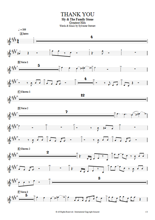 Thank You (Falettinme Be Mice Elf Agin) Sly and the Family Stone guitar pro tab Trumpet Full Score mysongbook