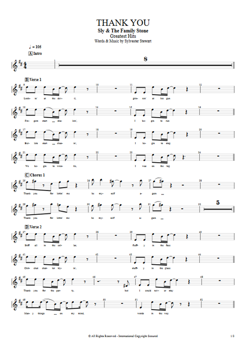 Thank You (Falettinme Be Mice Elf Agin) Sly and the Family Stone guitar pro tab BackVoc Full Score mysongbook