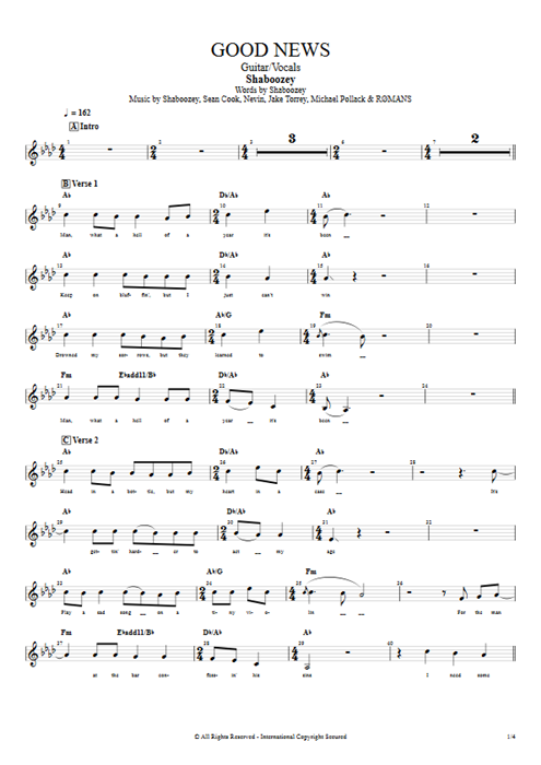 Good News Shaboozey guitar pro tab Vocals Guitar & Vocals mysongbook