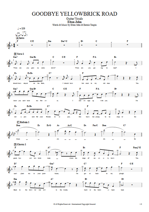 Goodbye Yellowbrick Road Elton John guitar pro tab Vocals Guitar & Vocals mysongbook