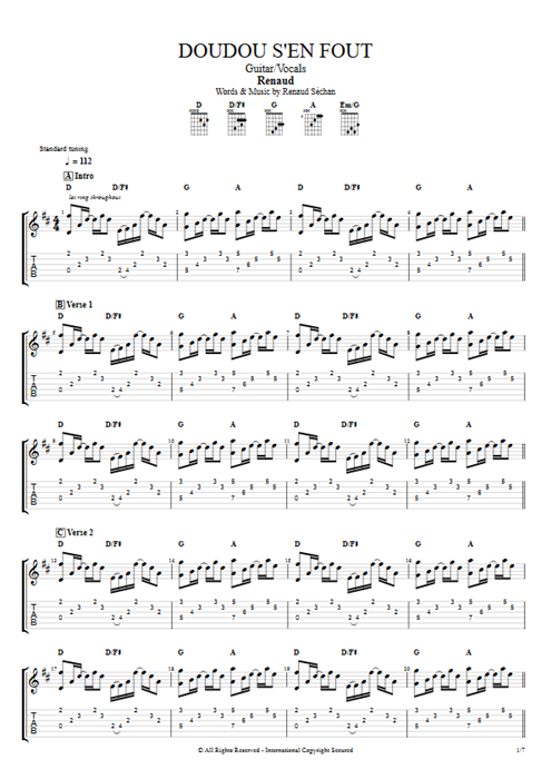 Doudou s'en fout Renaud guitar pro tab AGuitar Guitar & Vocals mysongbook