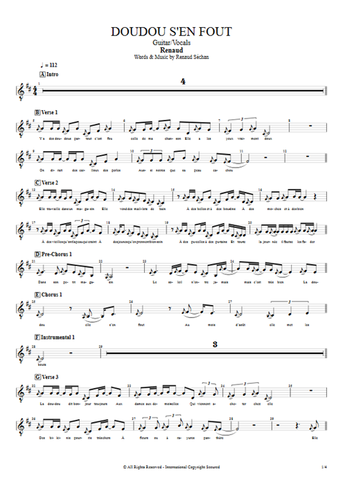 Doudou s'en fout Renaud guitar pro tab Vocals Guitar & Vocals mysongbook