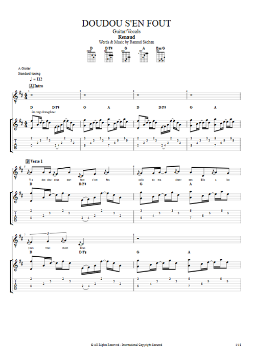 Doudou s'en fout Renaud guitar pro tab Full Score Guitar & Vocals mysongbook
