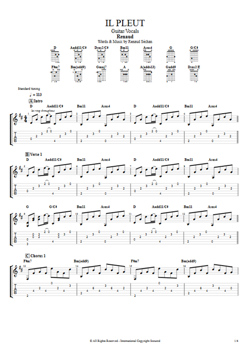 Il pleut Renaud guitar pro tab AGuitar Guitar & Vocals mysongbook