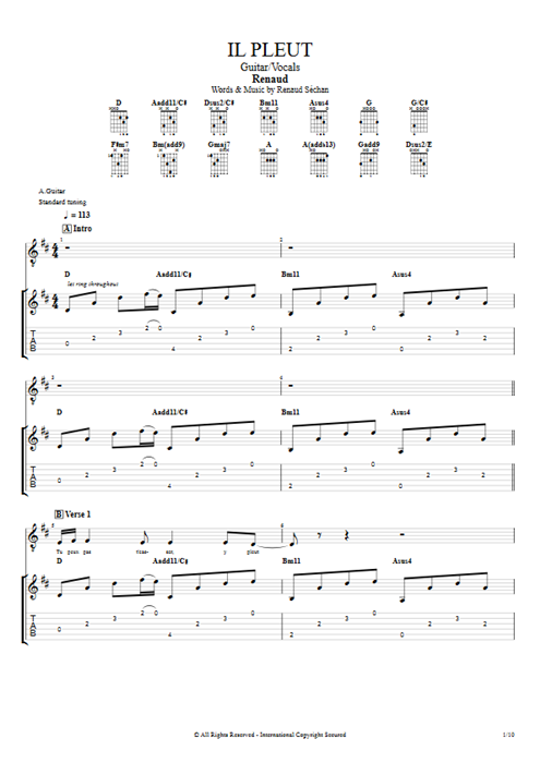 Il pleut Renaud guitar pro tab Full Score Guitar & Vocals mysongbook